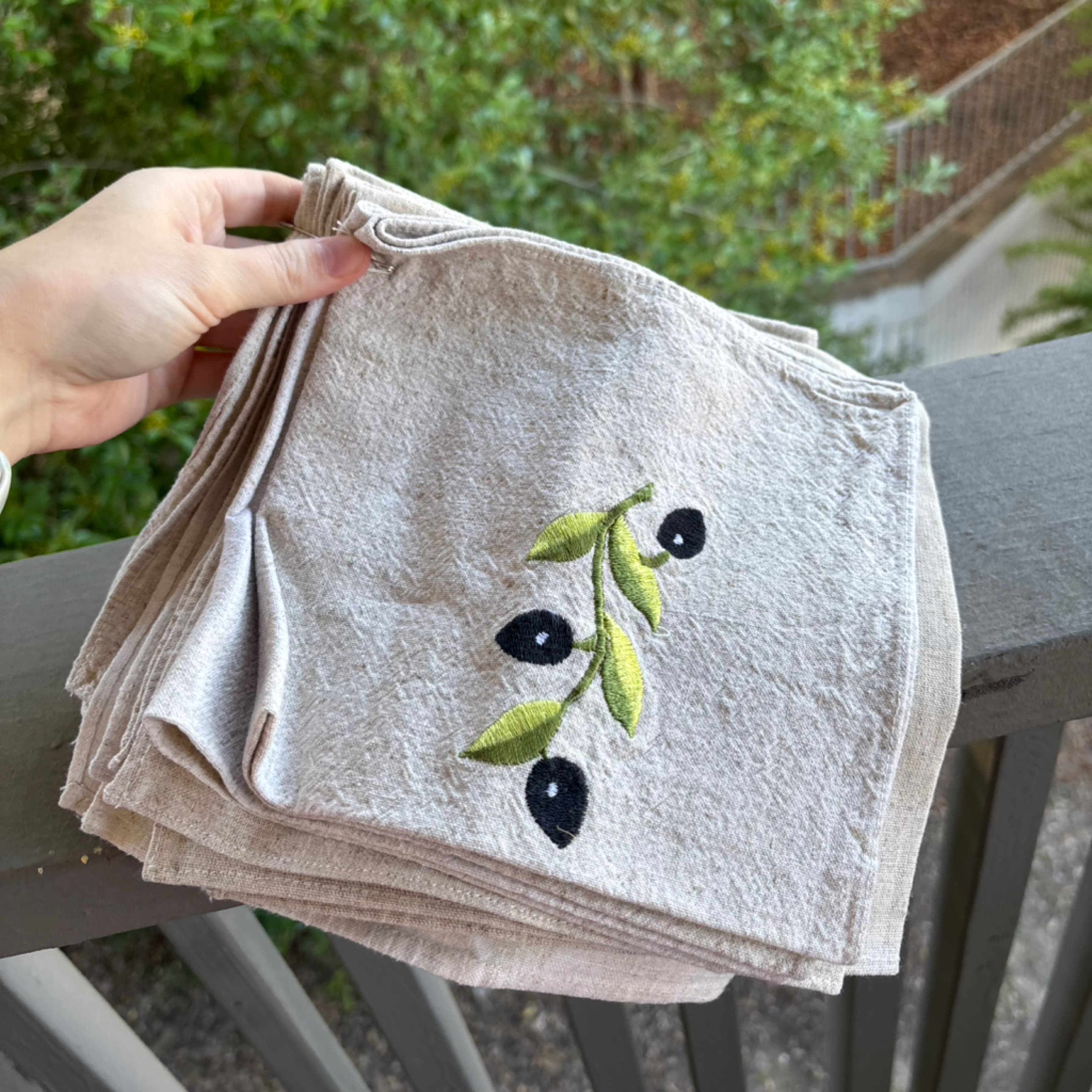Embroidered olive napkins - set of 8