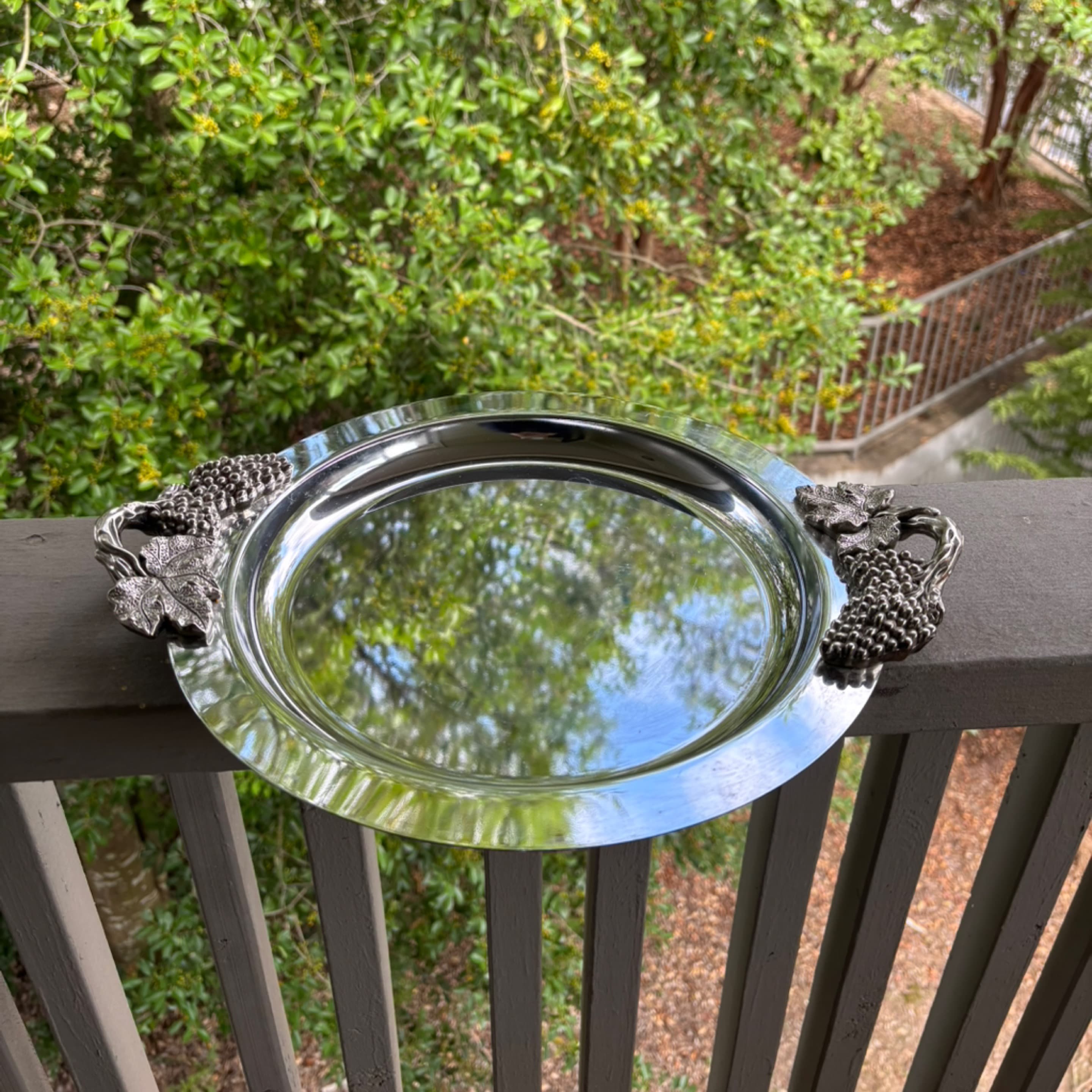 Silver platter with grape detail